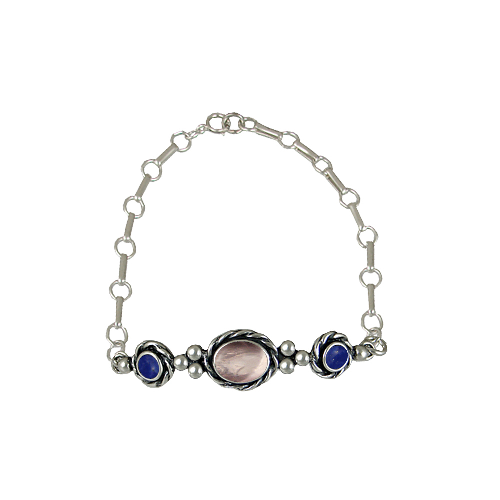 Sterling Silver Gemstone Adjustable Chain Bracelet With Rose Quartz And Lapis Lazuli